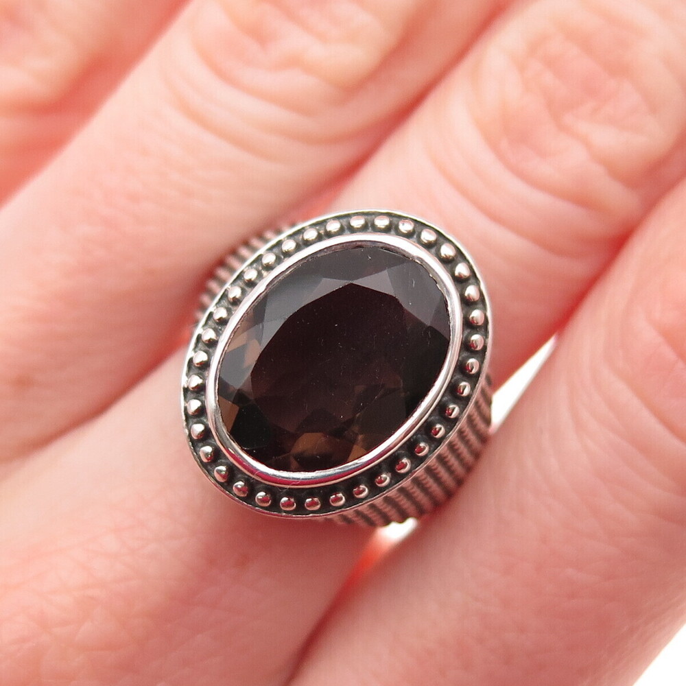 925 Sterling Silver Vintage Real Smoky Quartz Granulated Oxidized Ring Size 6.25